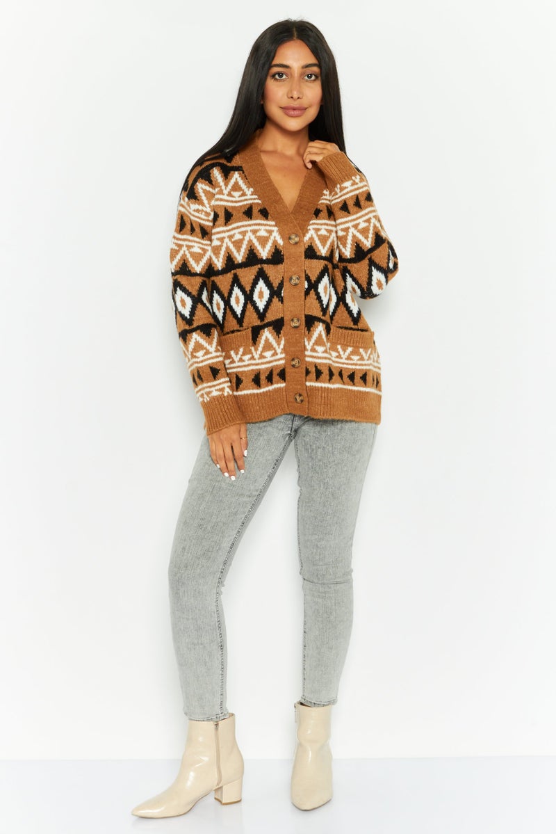 DEX كارديجان نسائي بأكمام طويلة على شكل حرف V بنقشة أزتيك، مزيج بني - Image 2